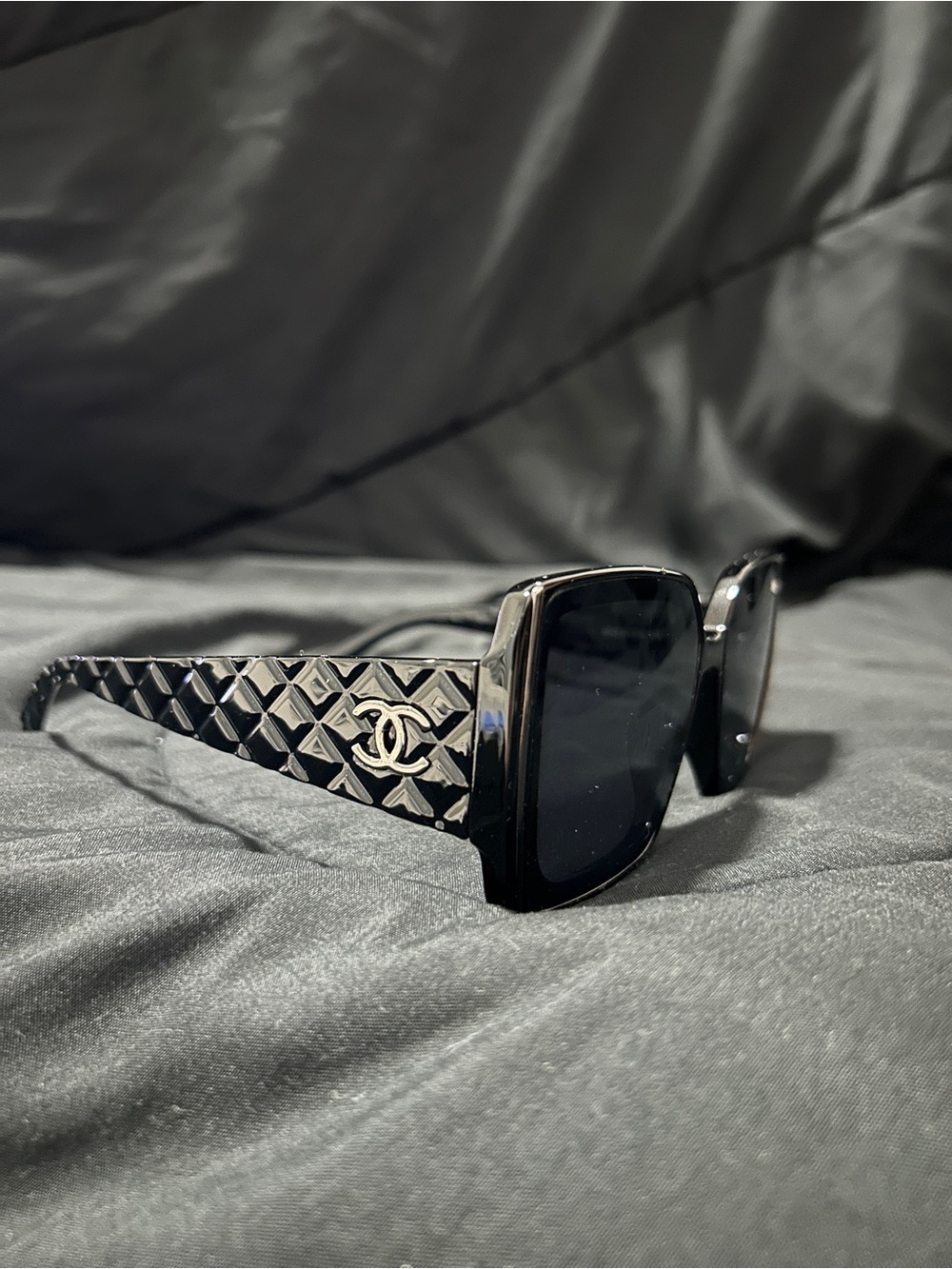 CHANEL Black Quilted Temple Square Sunglasses